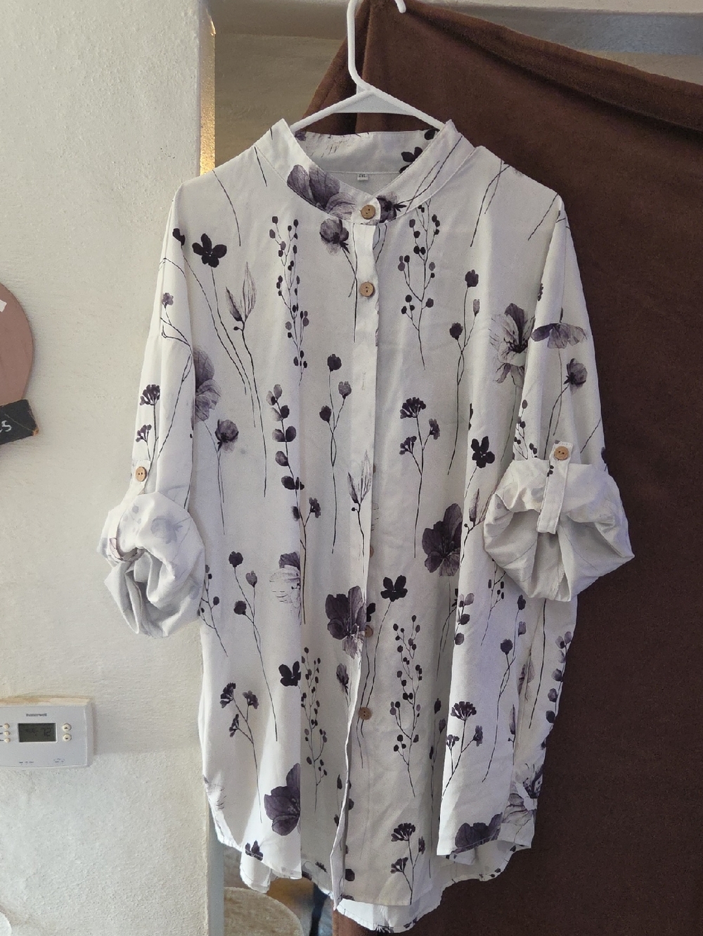 Light Floral Button-Up Tunic Shirt - Neutral Floral Print